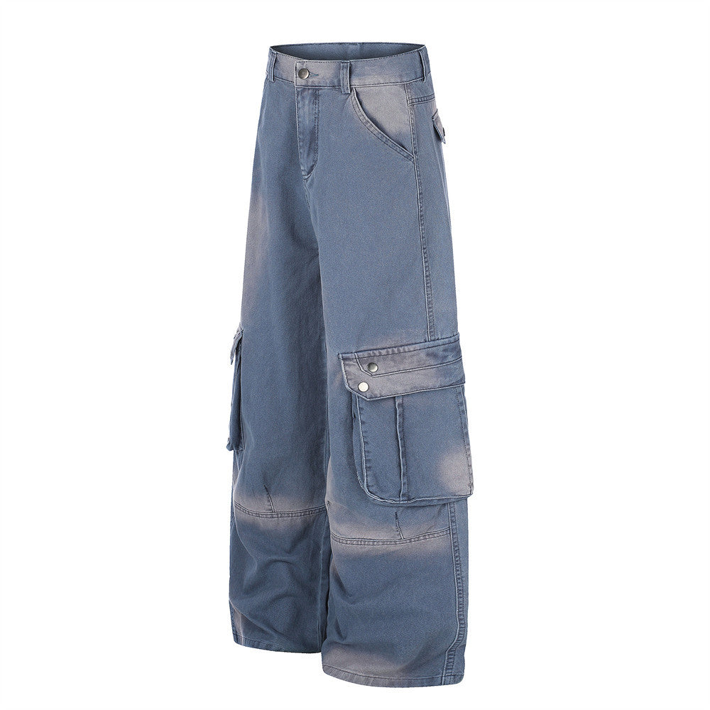 Wide-Leg Cargo Pants – Washed Denim Multi-Pocket Straight-Cut Trousers
