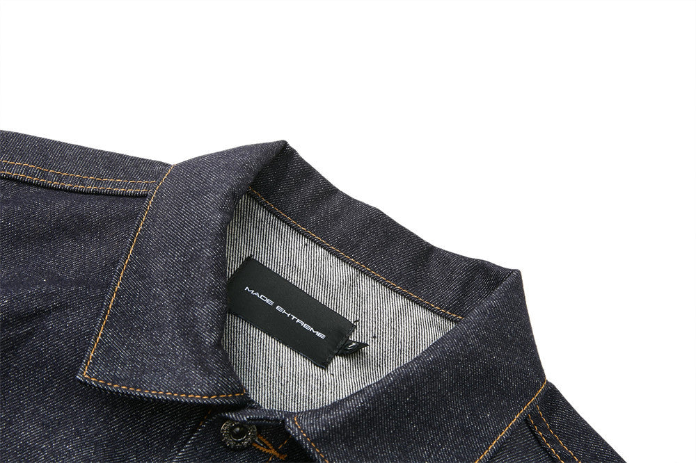 Men's Dark Indigo Denim Jacket with Metal Buckle Pleated Front Detail