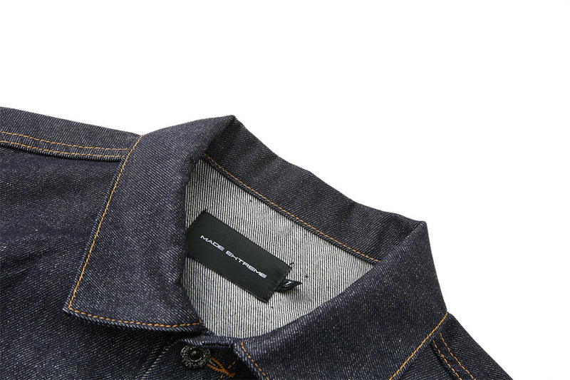 Men's Dark Indigo Denim Jacket with Metal Buckle Pleated Front Detail