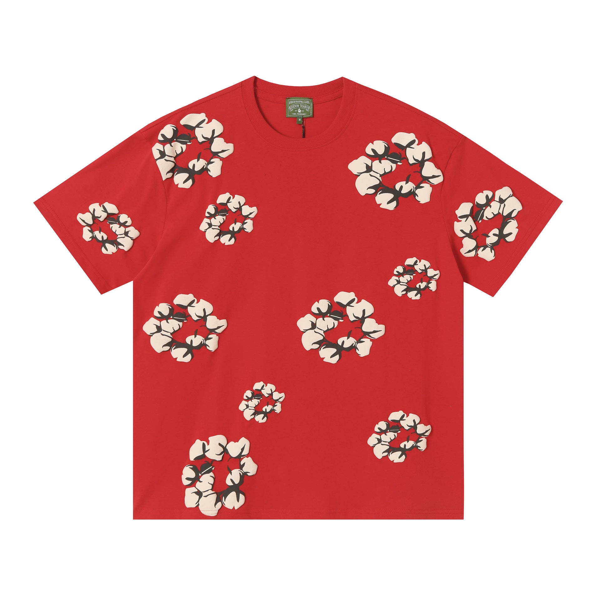 Denim Tears red cotton T-shirt with all-over cotton wreath print on front and sleeves