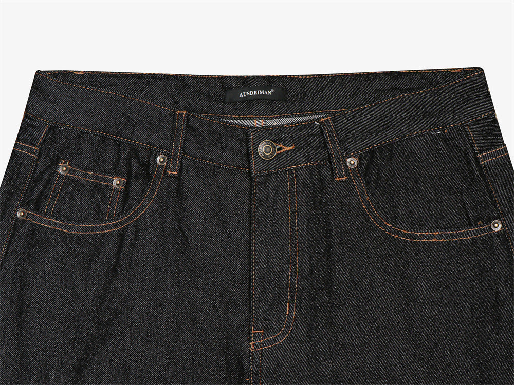Men's Wide-Leg Raw Denim Jeans with Union Jack Rolled Cuffs & Studded Back