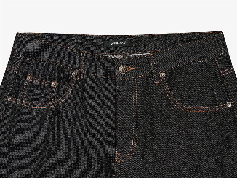 Men's Wide-Leg Raw Denim Jeans with Union Jack Rolled Cuffs & Studded Back