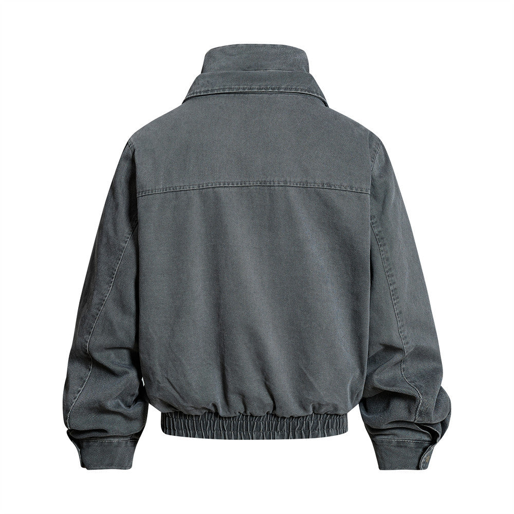 Men's Washed Denim Bomber Jacket – Oversized Fit, Double Collar & Zip Pockets