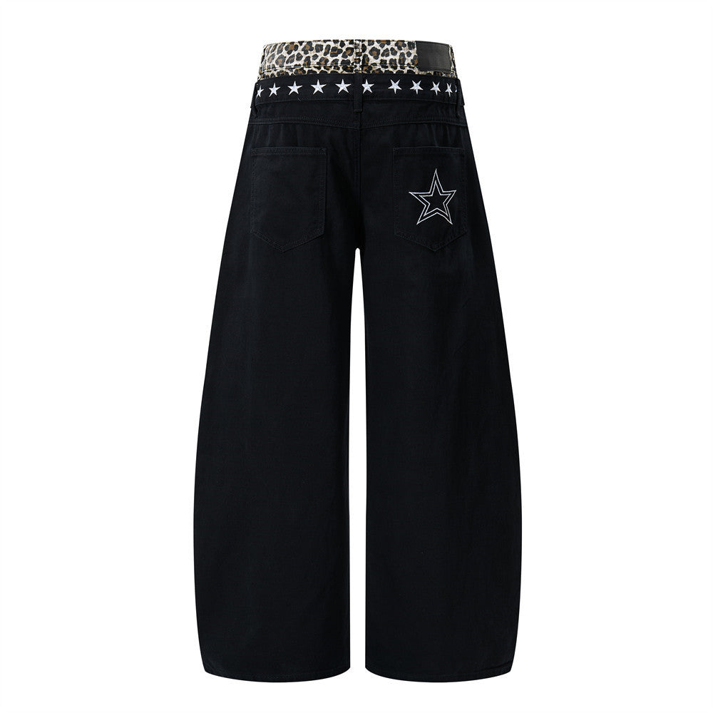 Jean wide leg avec ceinture contrastante léopard et broderie étoile – Noir homme