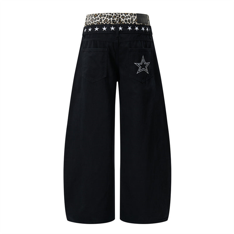Jean wide leg avec ceinture contrastante léopard et broderie étoile – Noir homme