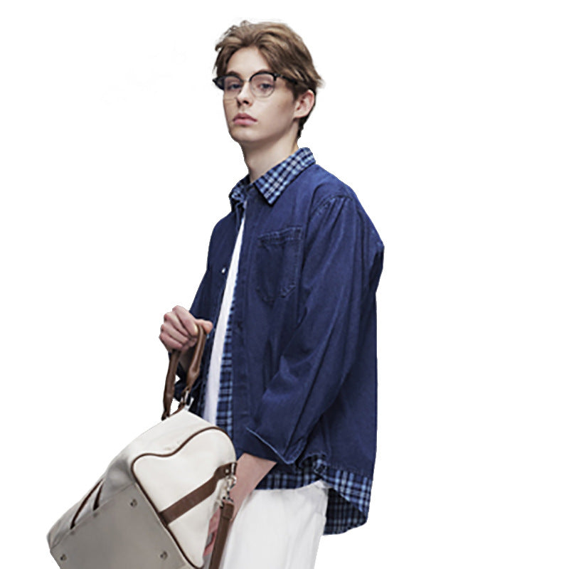 Long Sleeve Oversized Shirt – Denim & Plaid Splice Faux Two-Piece Design