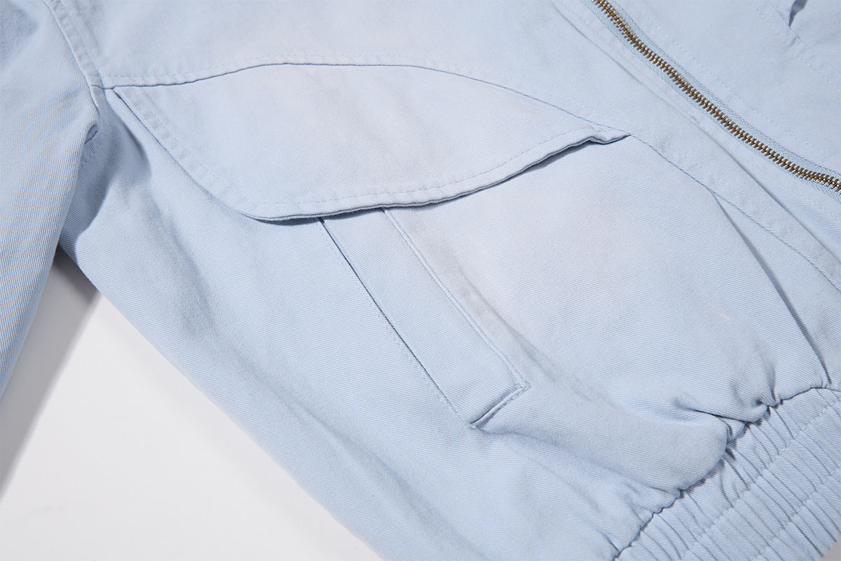 Retro American Washed Zip-Up Jacket with Corduroy Collar