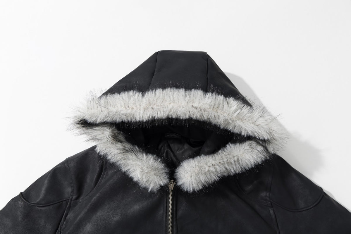 Black Faux Leather Hooded Bomber Jacket with Faux Fur Trim & Buckle Strap