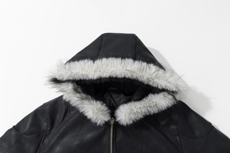 Black Faux Leather Hooded Bomber Jacket with Faux Fur Trim & Buckle Strap