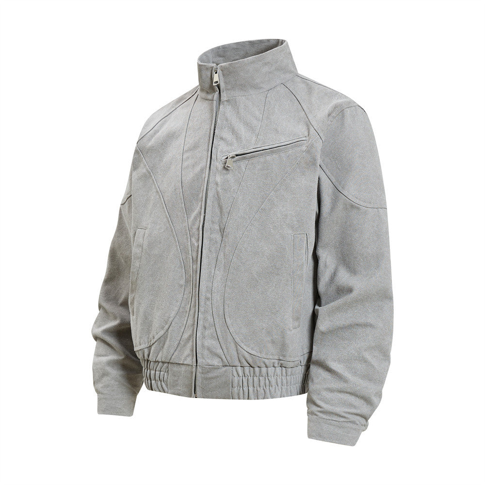 Men's Stand Collar Bomber Jacket with Sculptural Seam Detail