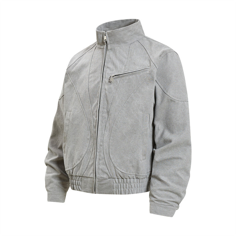 Men's Stand Collar Bomber Jacket with Sculptural Seam Detail