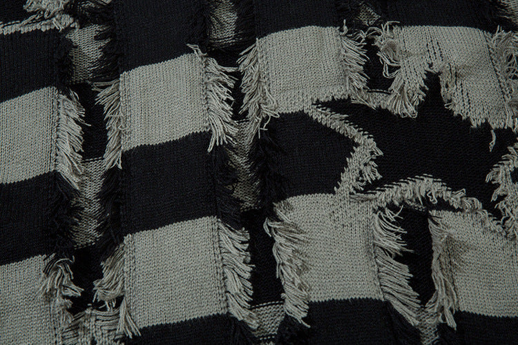 Pull oversize en maille rayée à étoiles délavée – Col rond à franges
