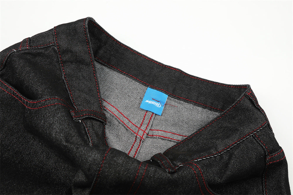 Wide-Leg Barrel Jeans – Men's High-Street Curved Silhouette with Red Stitching