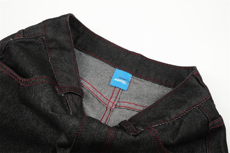 Wide-Leg Barrel Jeans – Men's High-Street Curved Silhouette with Red Stitching