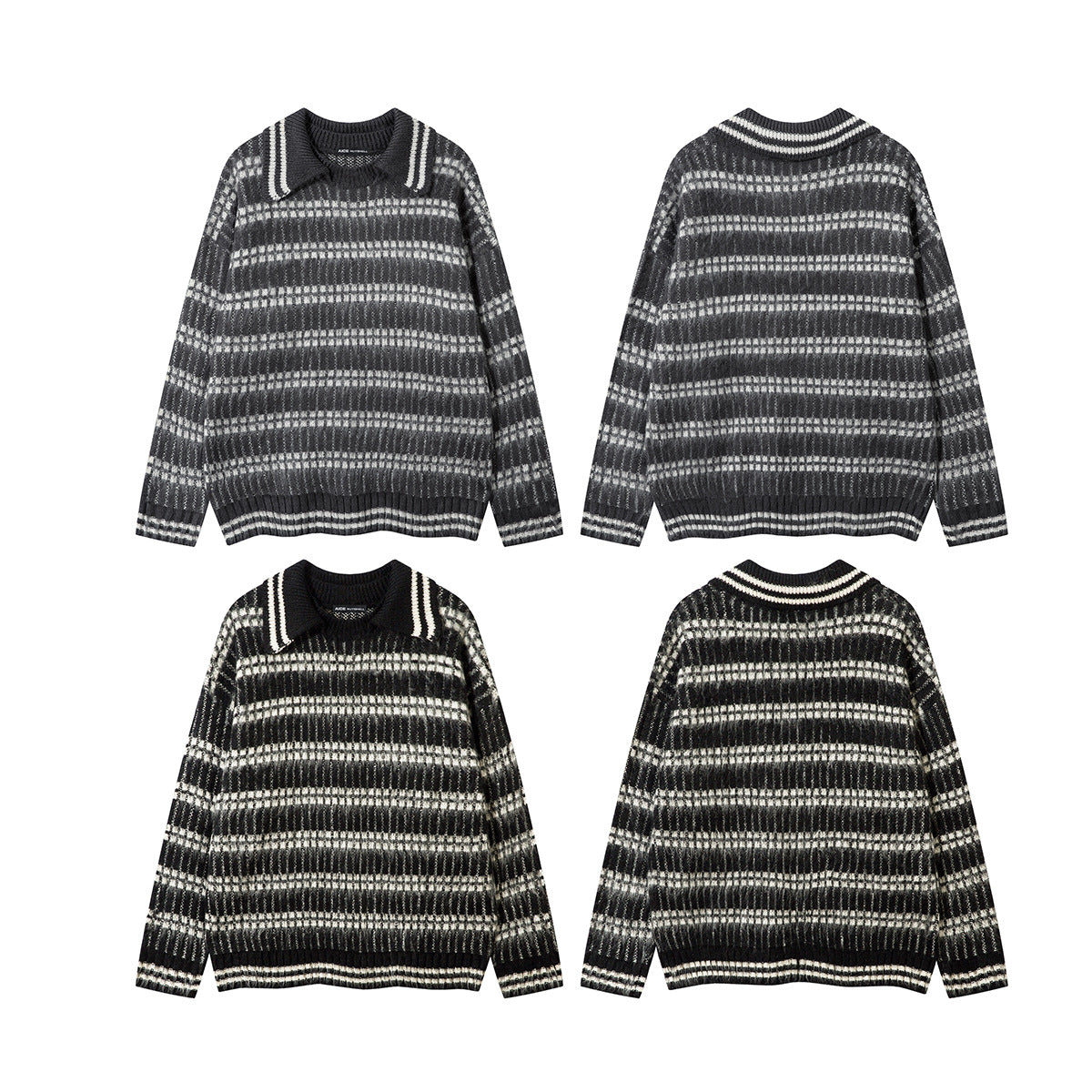 Striped Knit Sweater with Polo Collar – Oversized Fuzzy Texture
