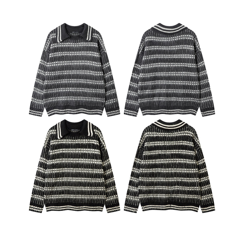 Striped Knit Sweater with Polo Collar – Oversized Fuzzy Texture