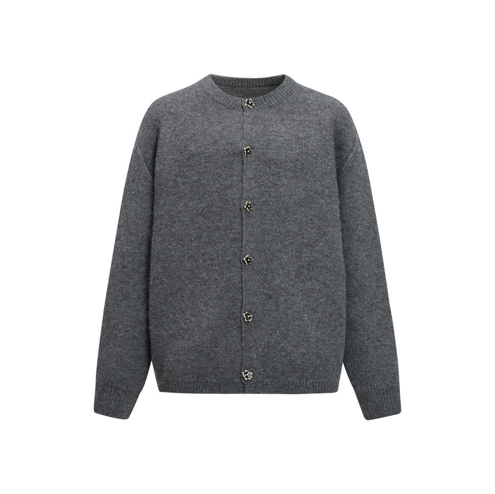 Men's Crewneck Knit Cardigan Sweater with Floral Buttons