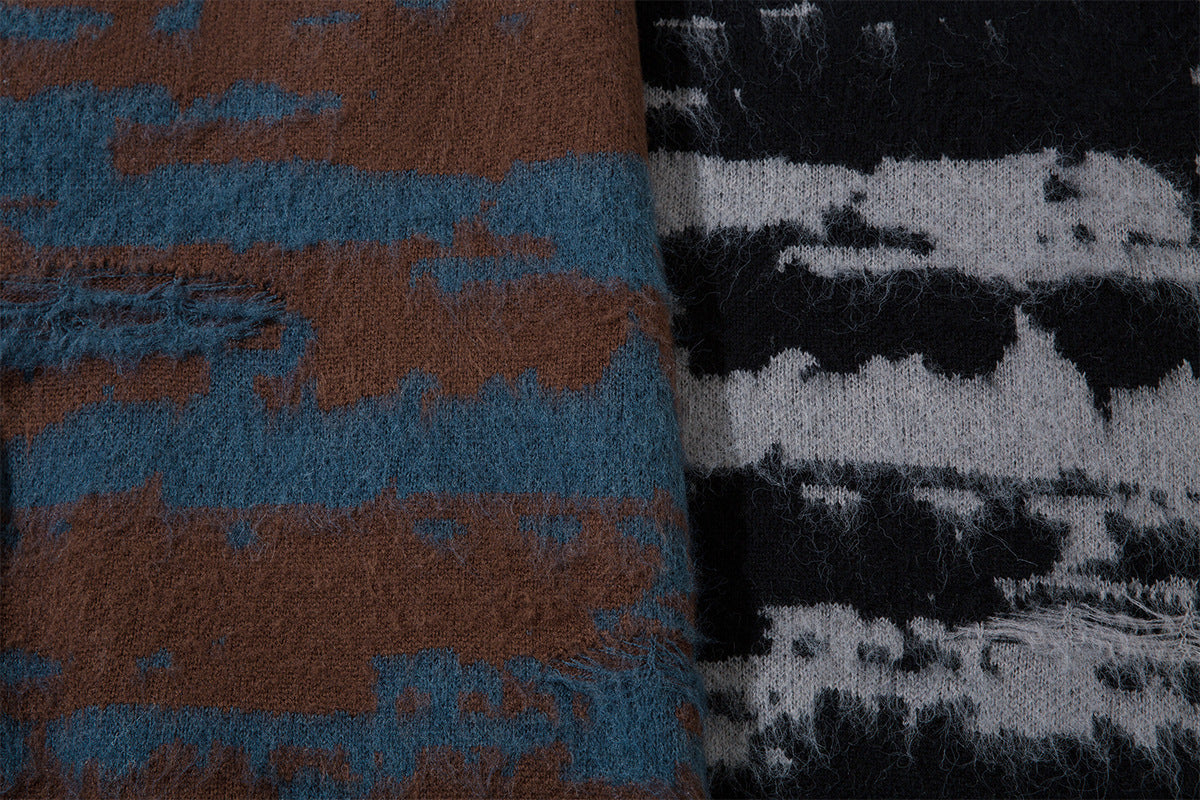 Close-up comparison of brown-blue and black-gray distressed stripe jacquard knit sweater patterns