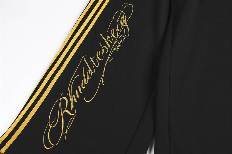 Wide-Leg Track Pants with Gold Side Stripes & Crest Embroidery