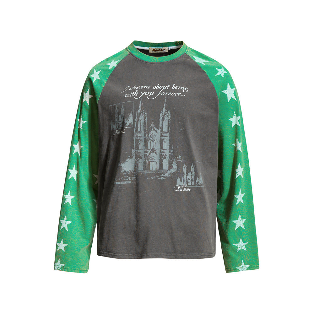 Cathedral Graphic Raglan Long Sleeve Tee with Star-Print Sleeves