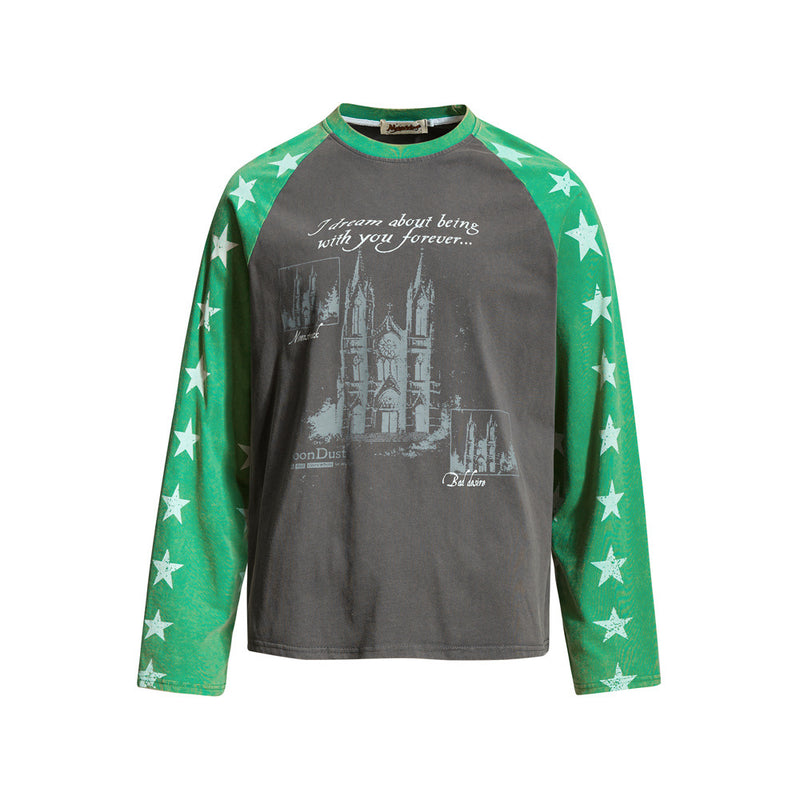 Cathedral Graphic Raglan Long Sleeve Tee with Star-Print Sleeves