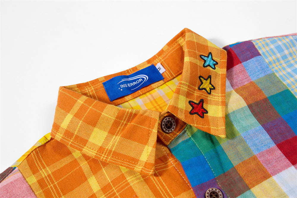 Patchwork Plaid Long Sleeve Shirt with Cartoon Puppy Embroidery — Oversized