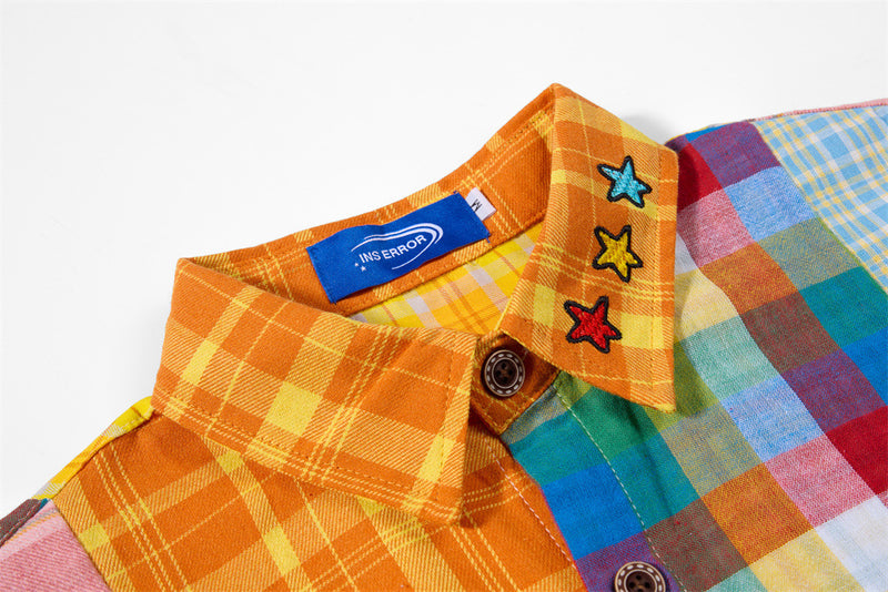Patchwork Plaid Long Sleeve Shirt with Cartoon Puppy Embroidery — Oversized