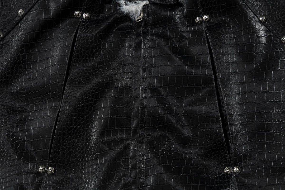 Croc-Embossed Faux Leather Bomber Jacket with Fur Collar