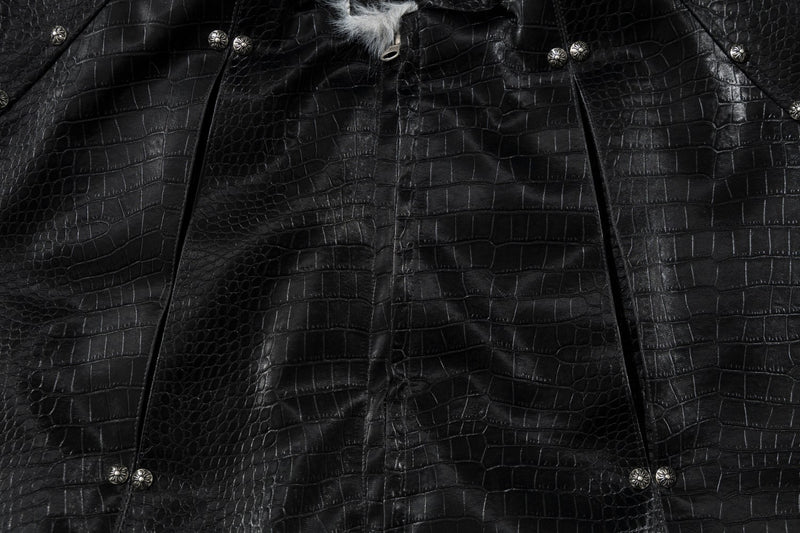 Croc-Embossed Faux Leather Bomber Jacket with Fur Collar