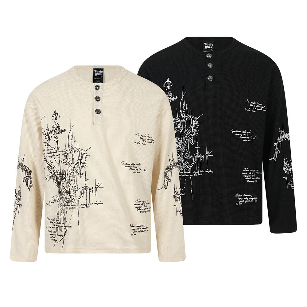 Gothic Cross & Angel Print Henley Long-Sleeve Shirt – Waffle Knit Hip-Hop Top
