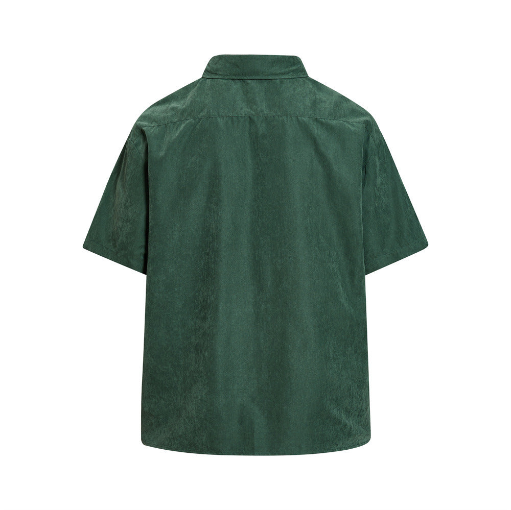 Men's Oversized Short Sleeve Button-Up Shirt – Casual Solid Suede-Texture