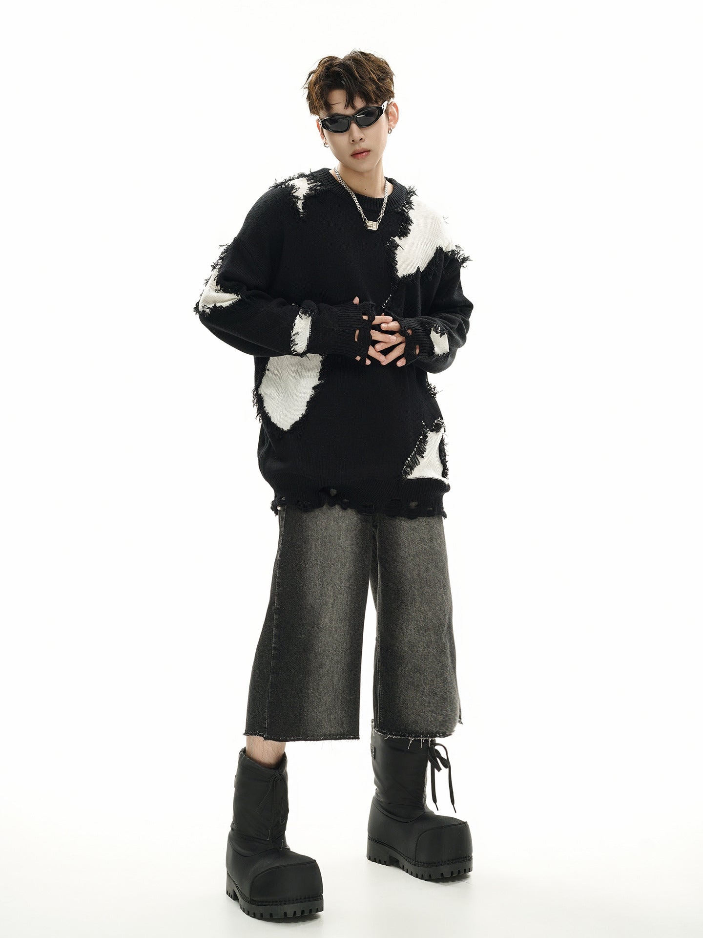 Pull en maille color block effet usé – Pull oversize à franges, style high-street