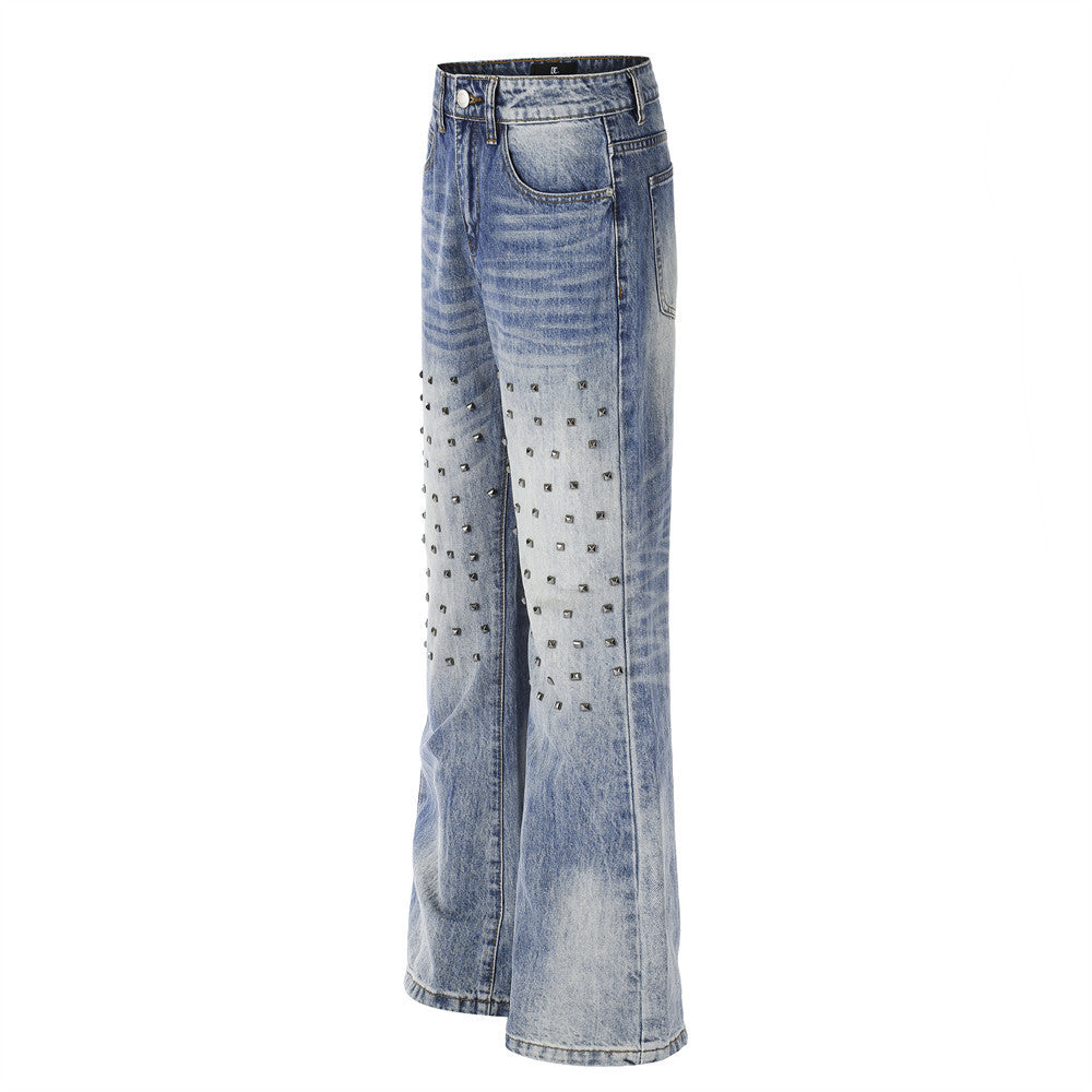 Jean flare homme bleu délavé à clous – Denim vintage délavé à jambe large