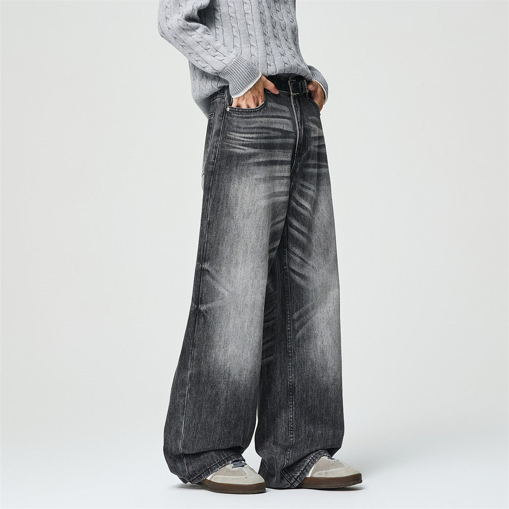 Wide-Leg Jeans Men's Washed Grey Vintage Distressed Baggy Denim Pants