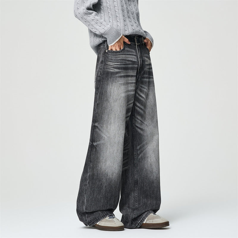 Wide-Leg Jeans Men's Washed Grey Vintage Distressed Baggy Denim Pants