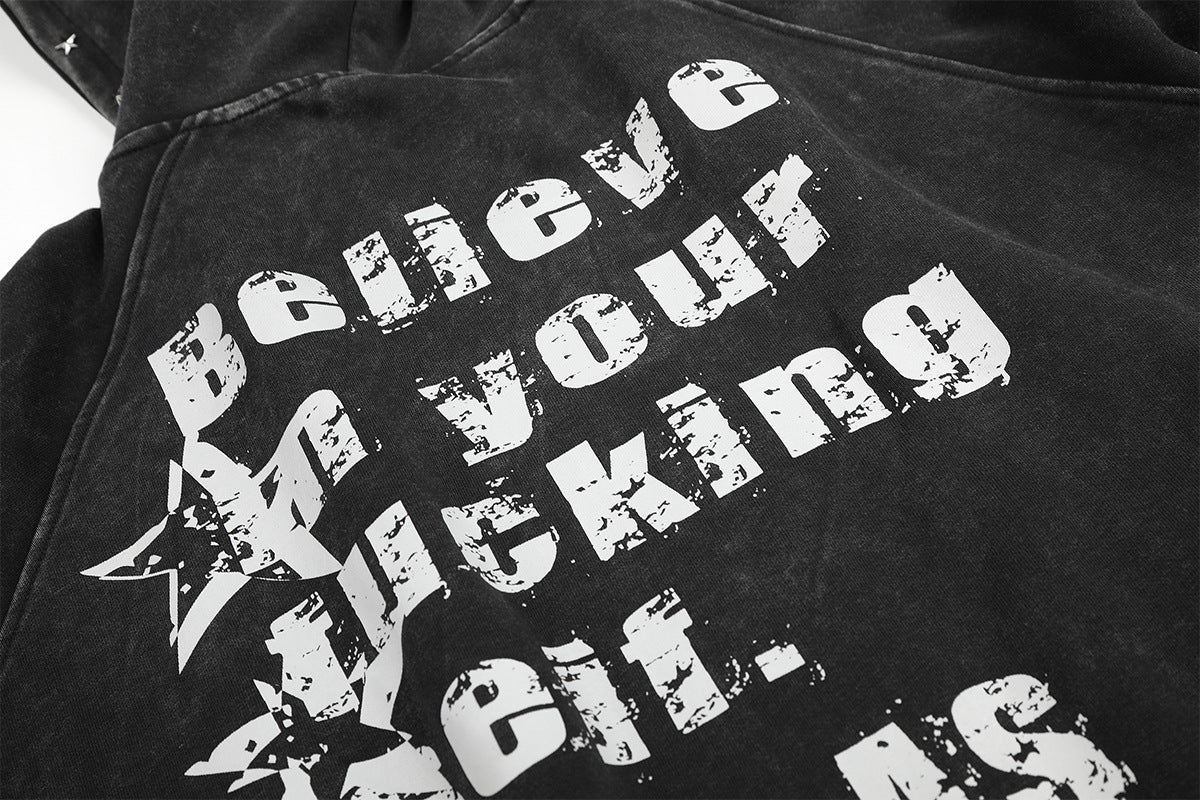 Zip-Up Grey Hoodie Washed Punk Star Graphic Zip Hoodie with Rivet Details