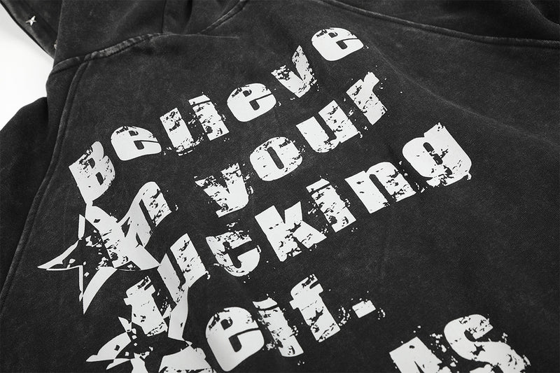 Zip-Up Grey Hoodie Washed Punk Star Graphic Zip Hoodie with Rivet Details