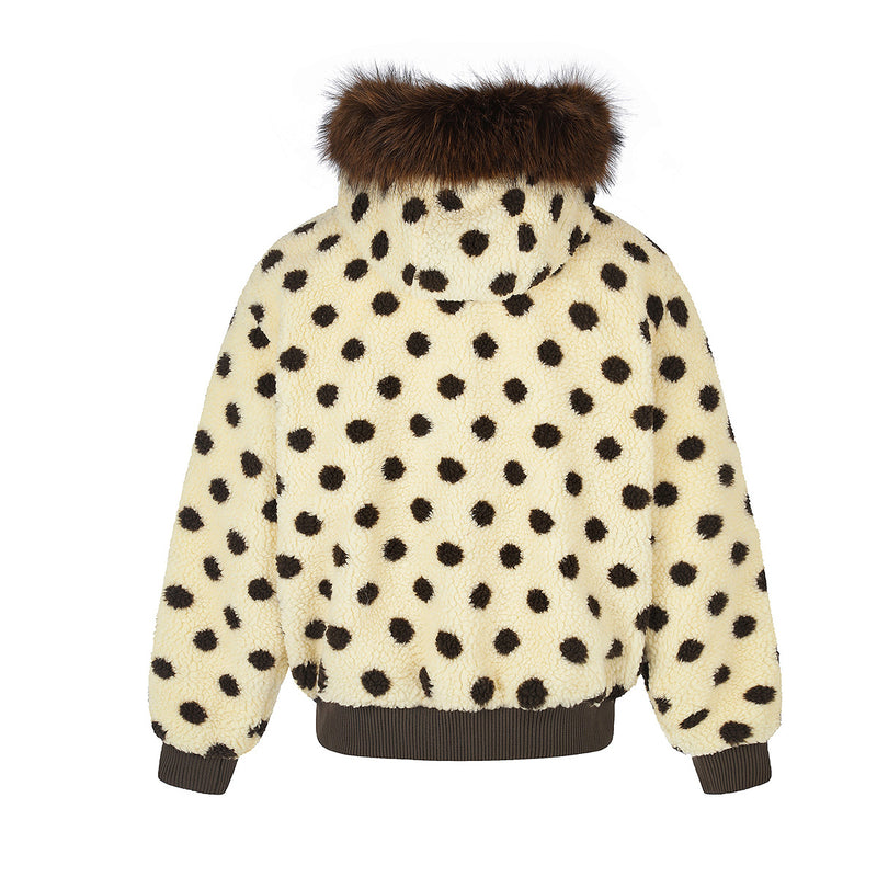Polka Dot Sherpa Bomber Jacket with Faux Fur Hood Trim