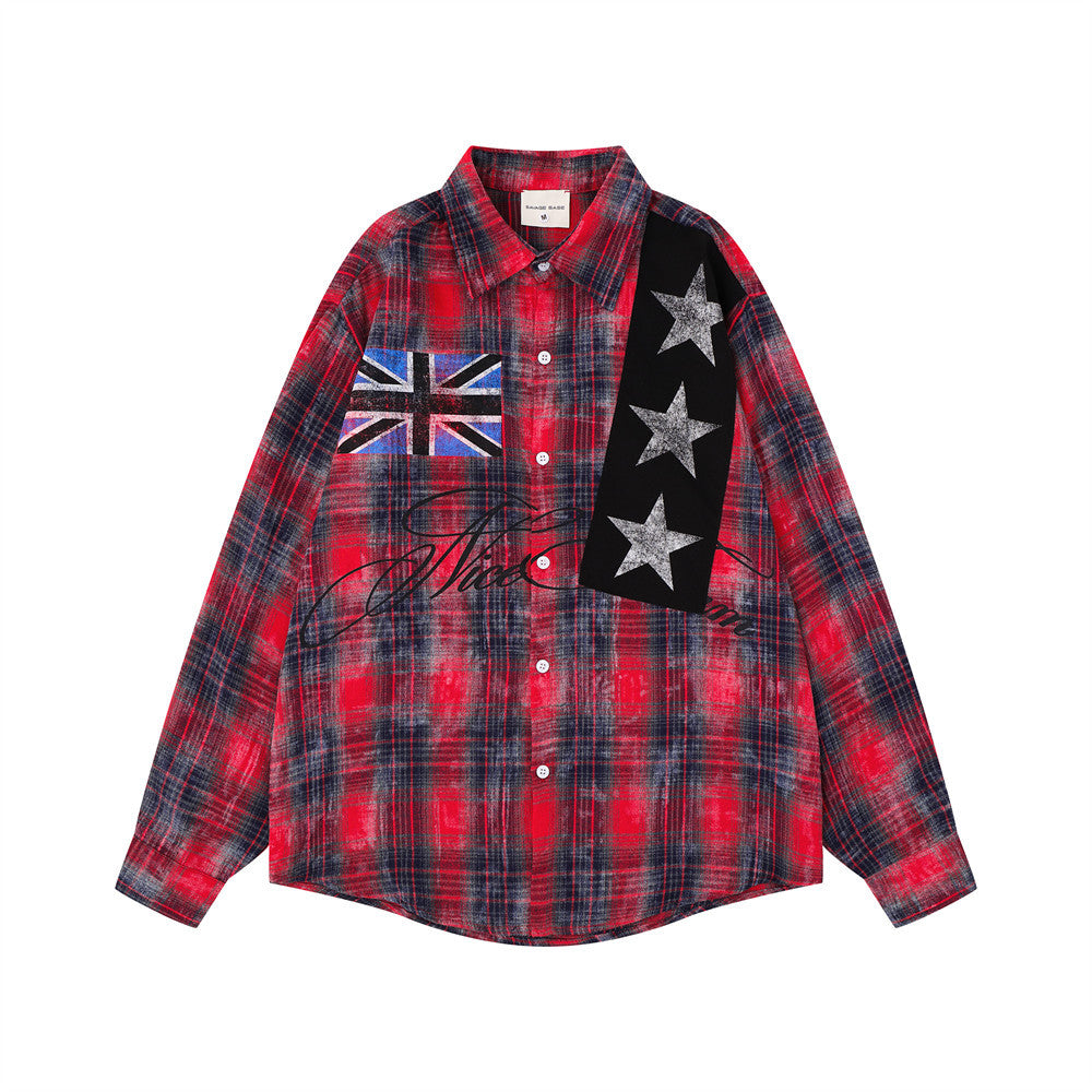 Plaid Flannel Shirt with Union Jack & Star Patch Panel — Oversized Vintage Fit