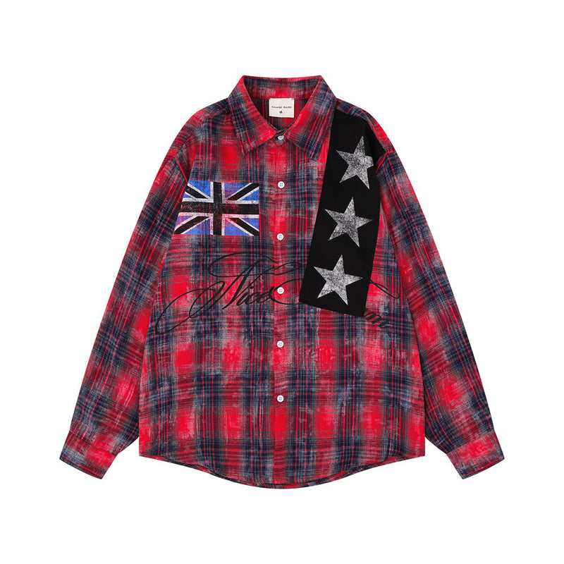 Plaid Flannel Shirt with Union Jack & Star Patch Panel — Oversized Vintage Fit