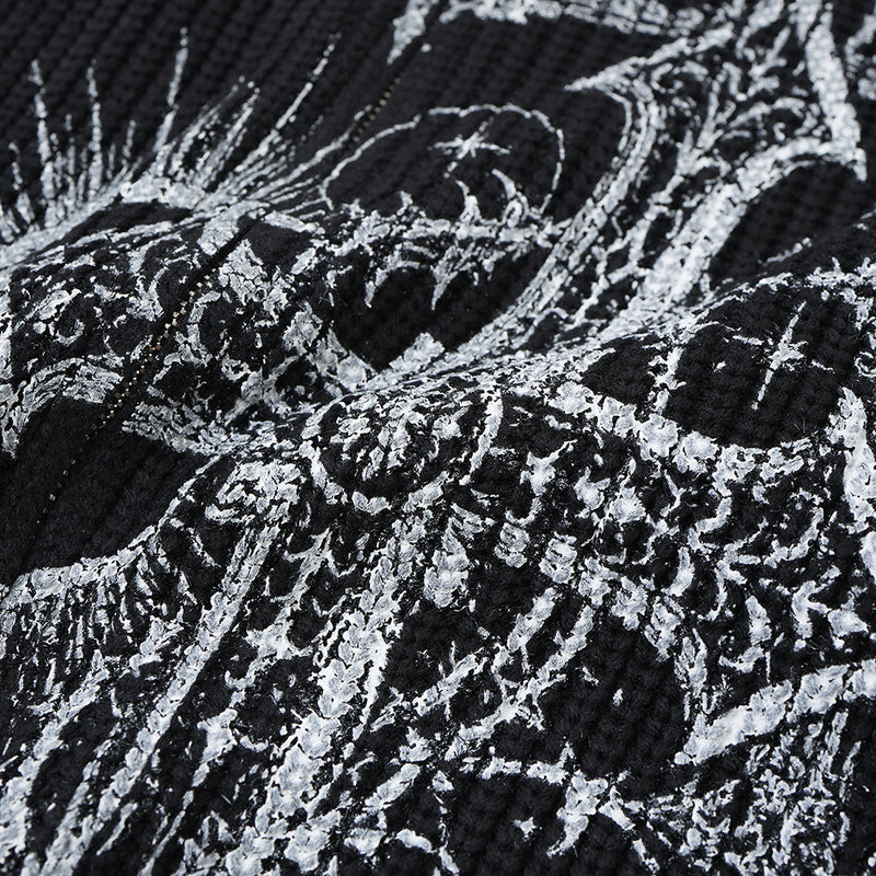 Gothic Cross Print Zip-Up Knit Cardigan Sweater – Distressed Mock Neck Men's