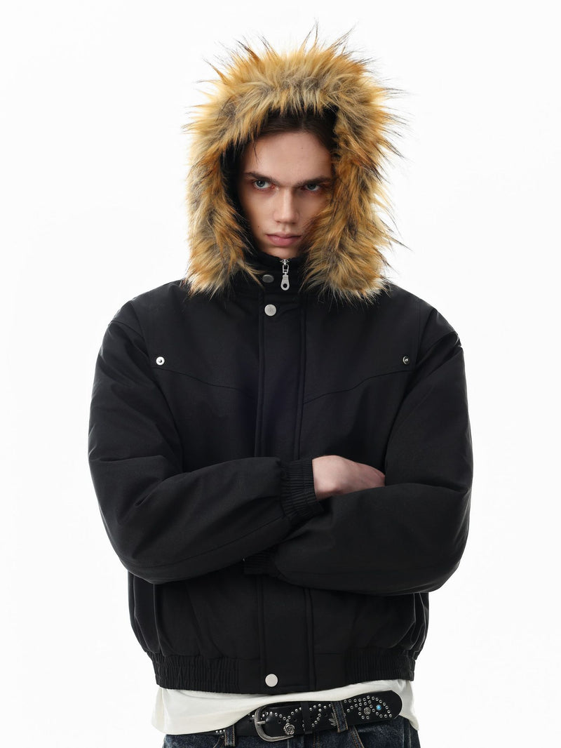 Fur Collar Padded Bomber Jacket – Vintage American Streetwear Winter Coat