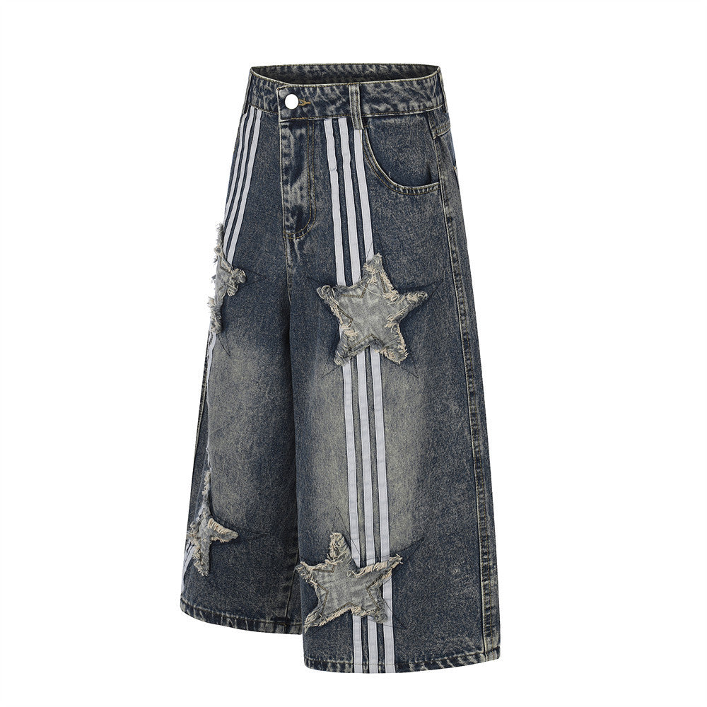Vintage Washed Star Patch Stripe Denim Shorts