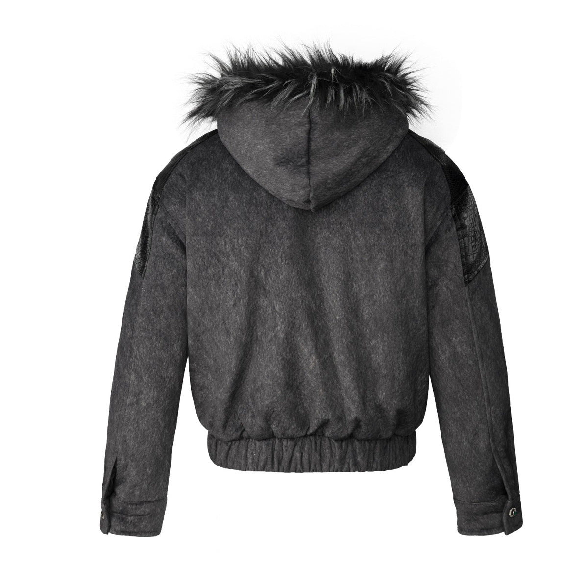 Faux Fur Trim Hooded Bomber Jacket – Textured Fleece with PU Leather Panels