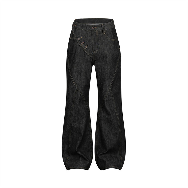 Raw Denim Flare Jeans with Diagonal Button Fly & Deconstructed Wide Leg