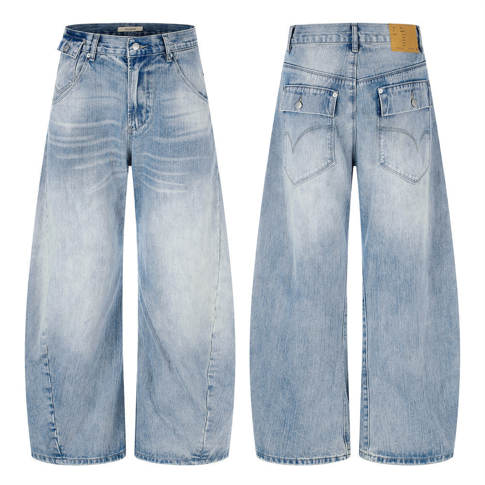 Wide-Leg Barrel Jeans – Vintage Washed Light Blue Curved Silhouette