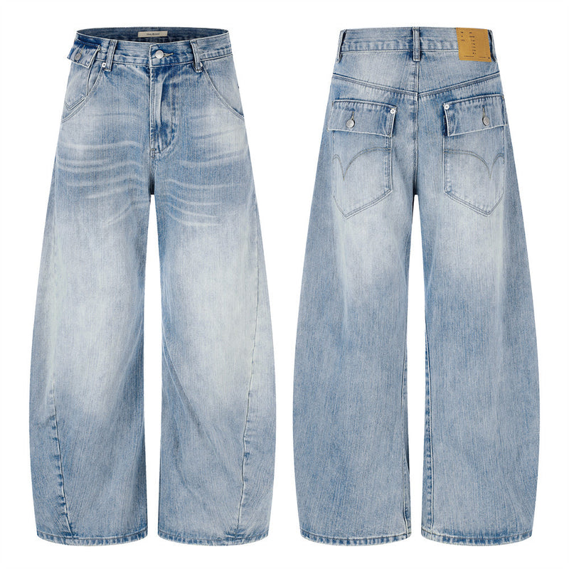 Wide-Leg Barrel Jeans – Vintage Washed Light Blue Curved Silhouette