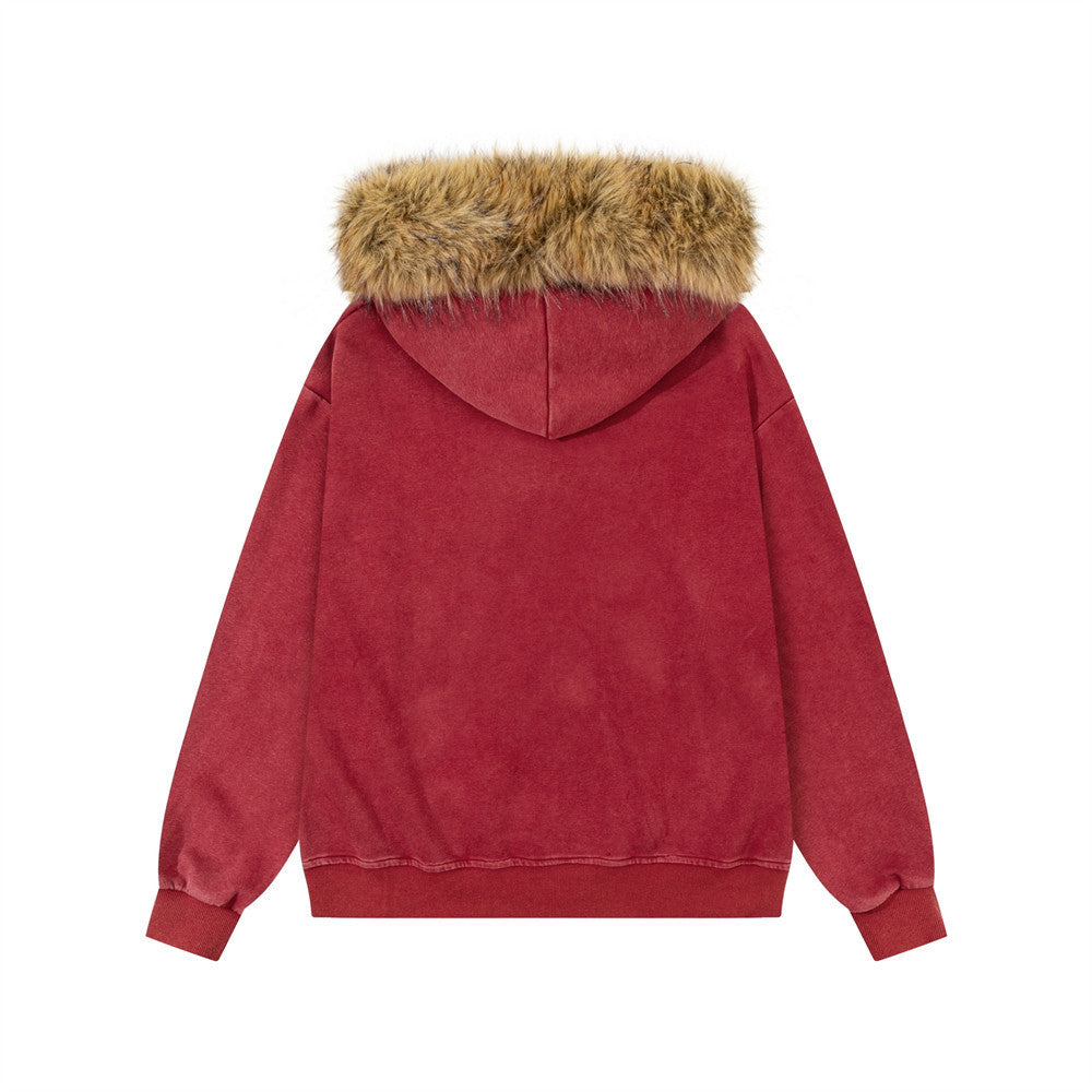 Sudadera con cremallera, capucha con ribete de pelo sintético y bordado de estrellas doradas — Streetwear para hombre