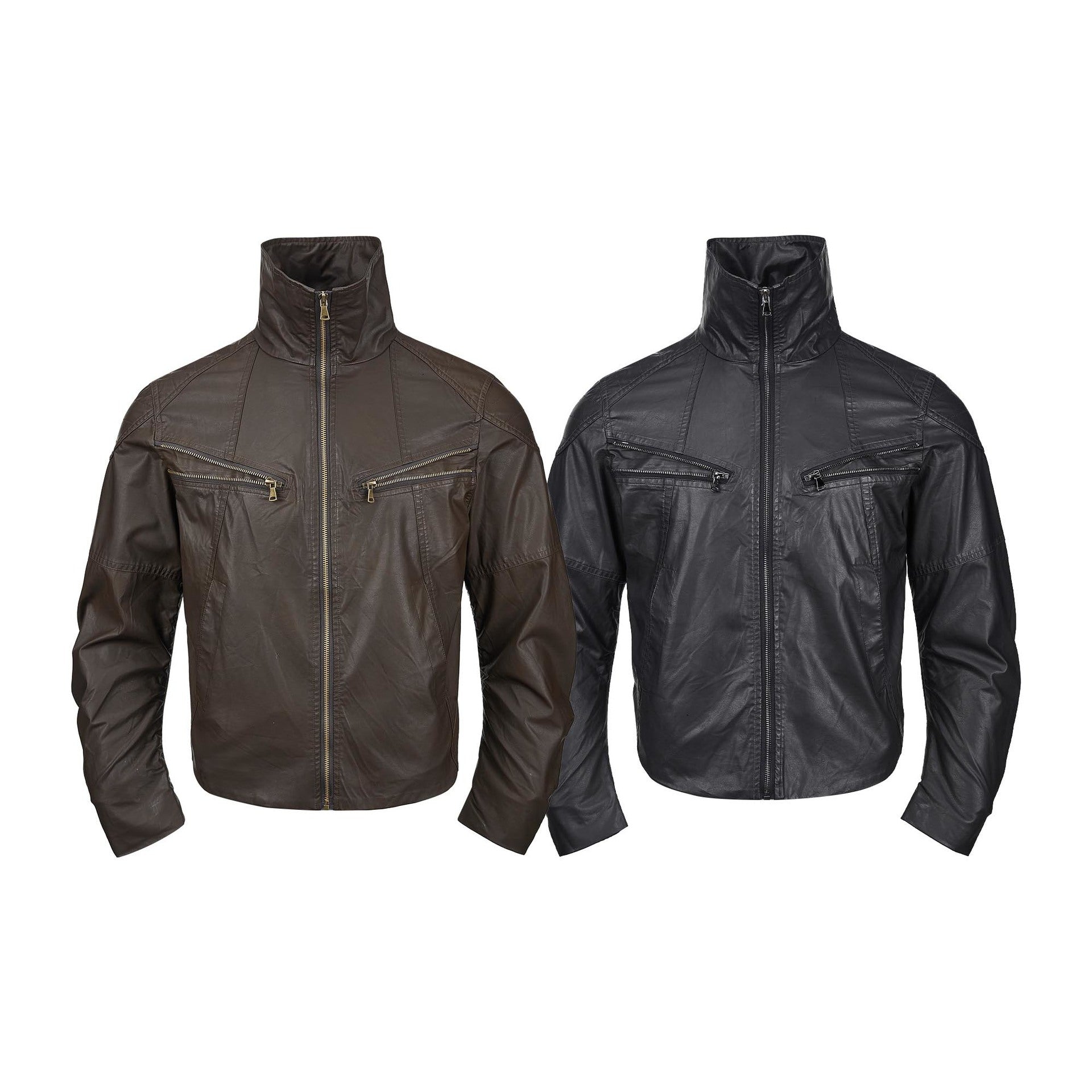 Veste moto en simili cuir – Col montant, poches zippées déconstruites, style biker rétro