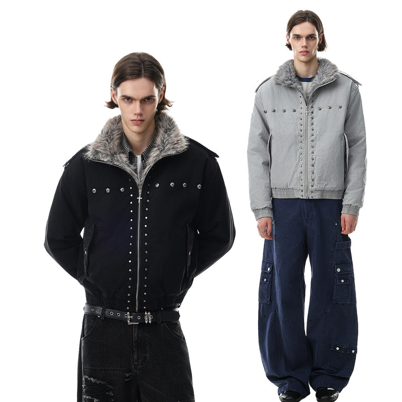 Studded Faux Fur Collar Bomber Jacket – Padded Moto-Inspired Winter Coat